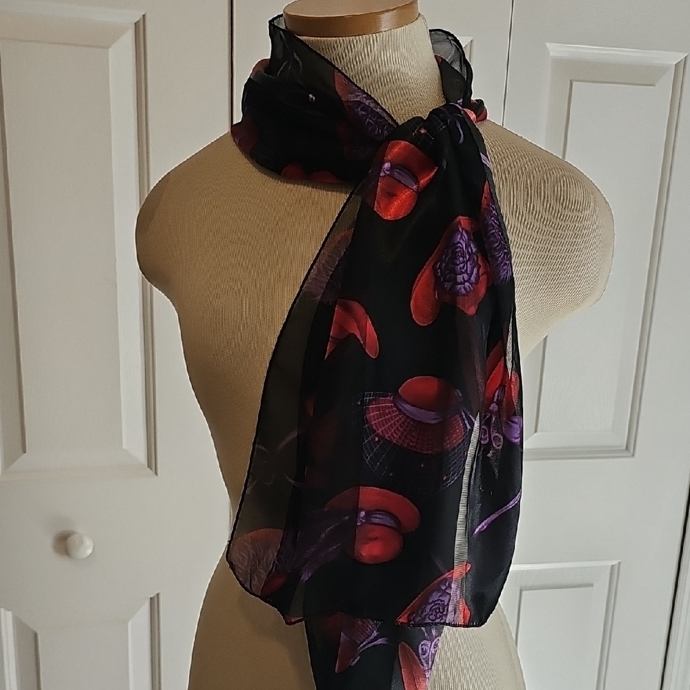 Chiffon Scarf‎ with Red and Purple Floral Print - Women Accessories
